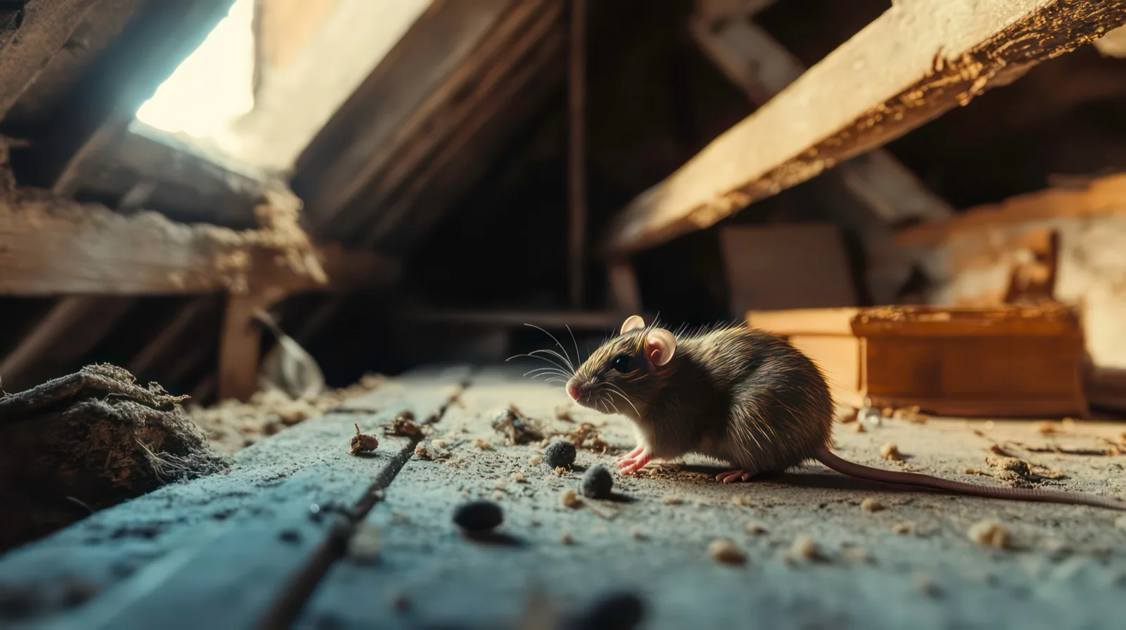 Rat installé dans des combles, traces et excréments sur le plancher